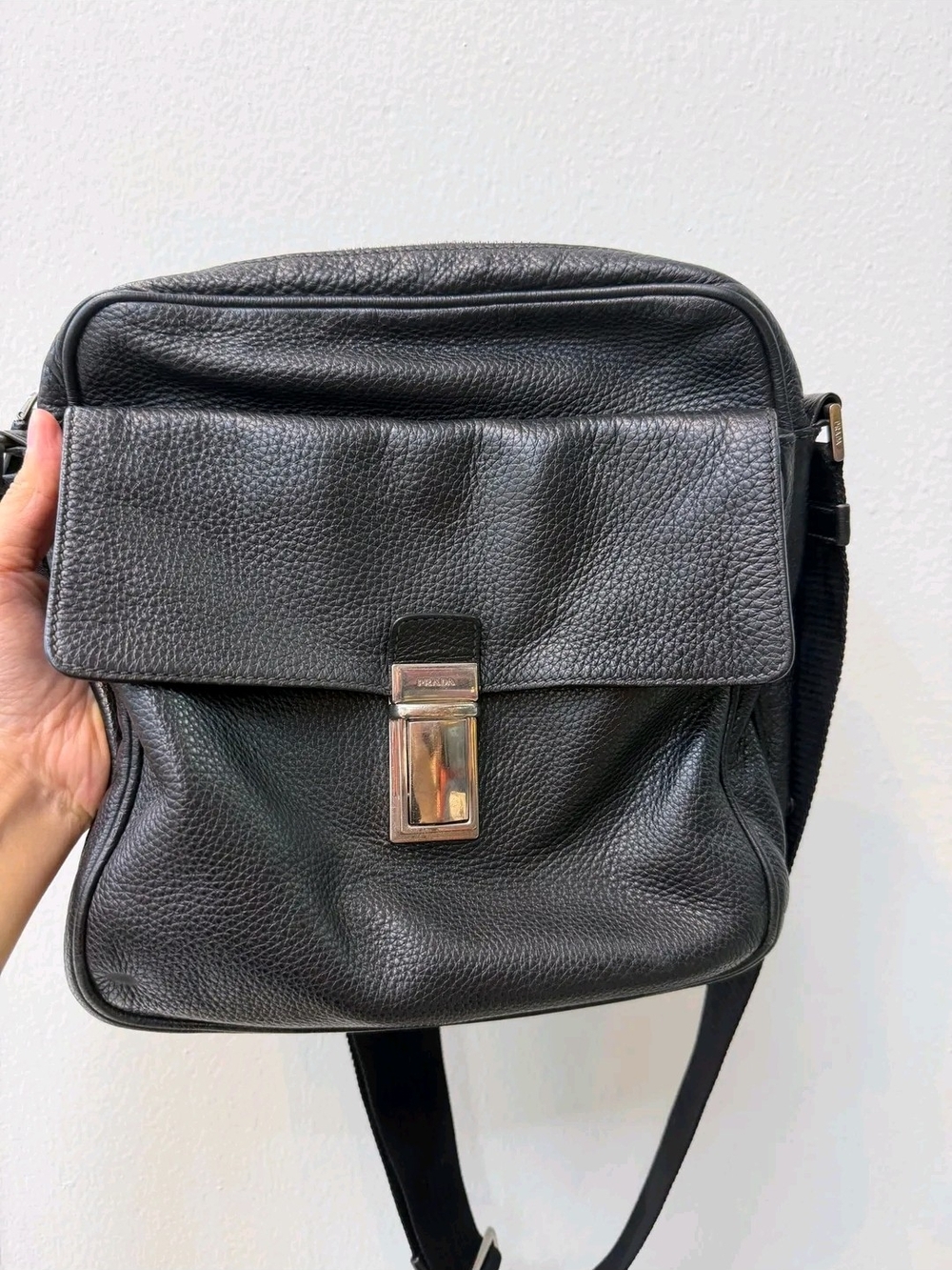 Prada Black Pebbled Leather Messenger Bag with Silver Hardware